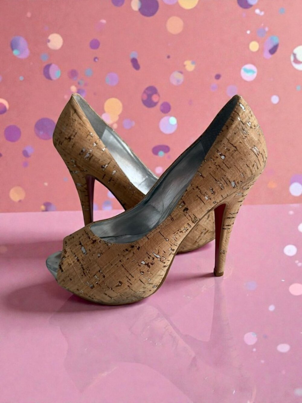 SERGIO ZELCER Cork Finish Platform Peeptoe Heels Size 6